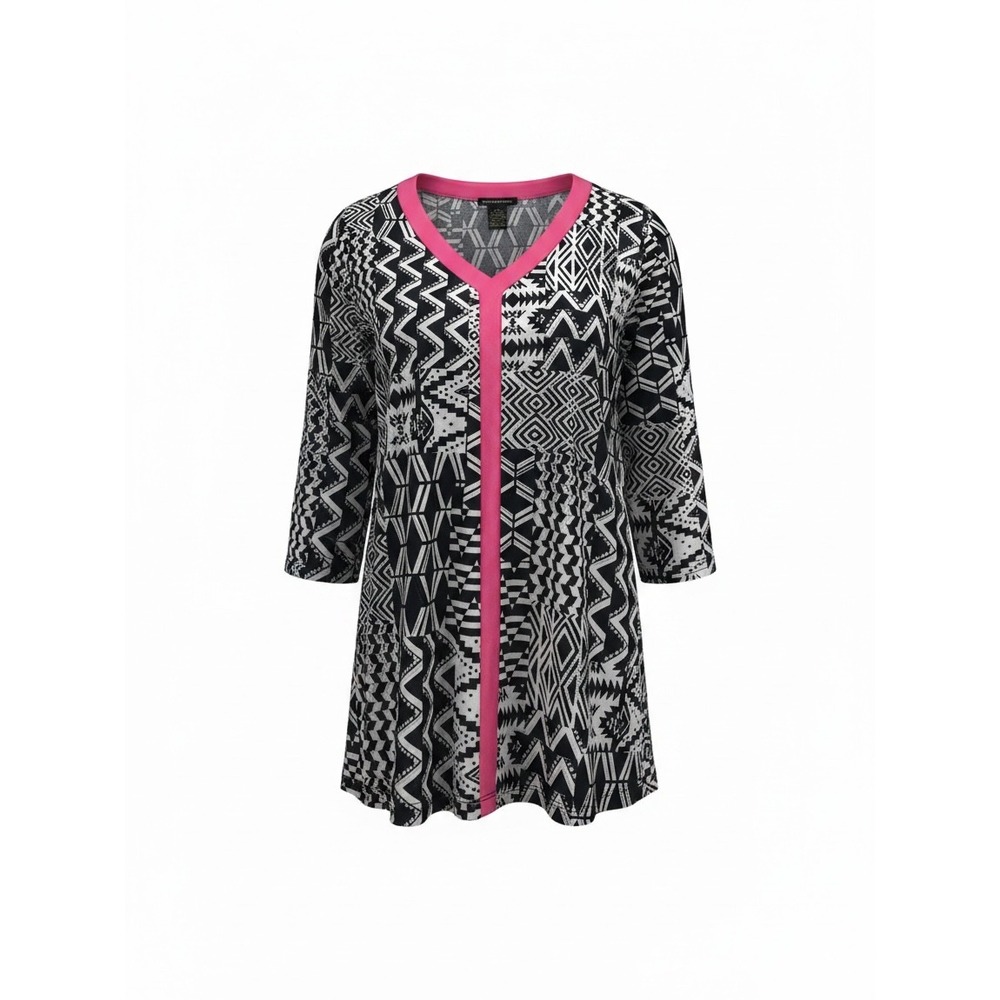 Susan Lawrence Womens XL Tribal Geometric Print V-Neck 3/4 Sleeve Tunic Top Pink